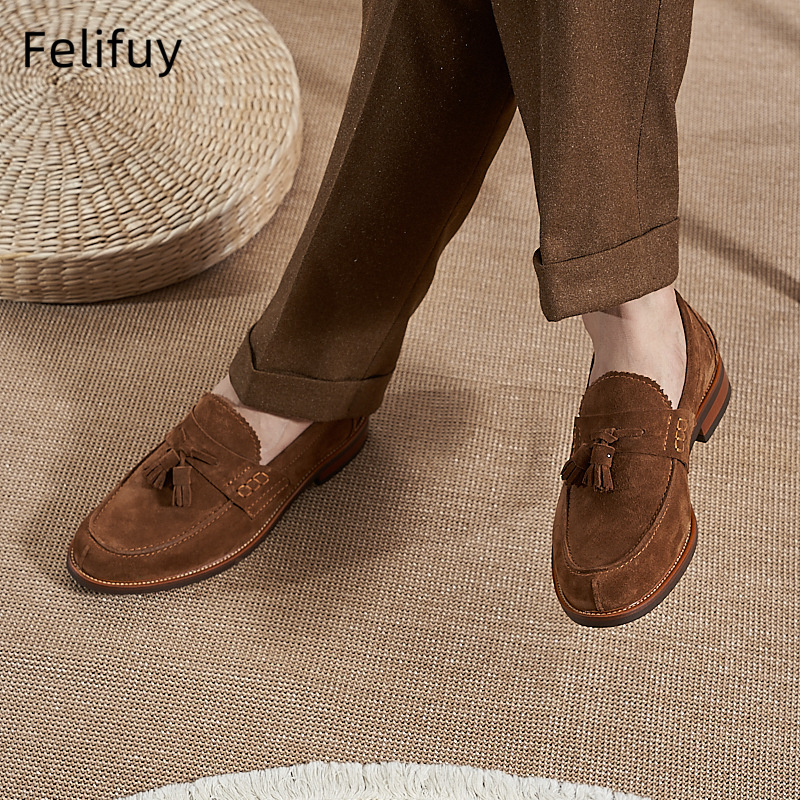 새로운 브라운 남성 플랫 로퍼 소가죽 스웨이드 태슬 캐 - Men Formal Wear Dress 리뷰 및 가격