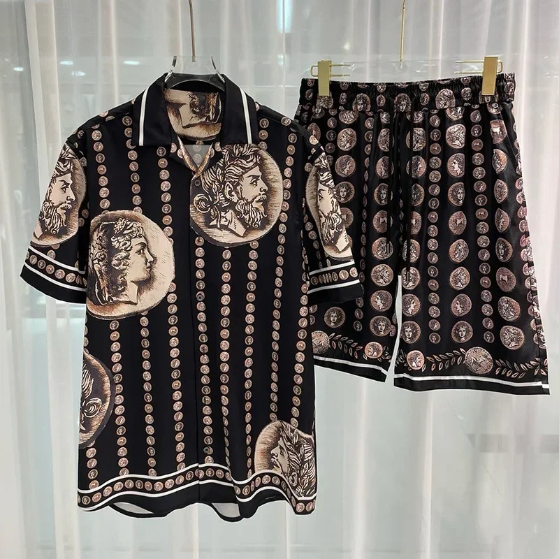 로얄 럭셔리 남성 셔츠 세트 빈티지 패턴 캐릭터 프린트 - Men'S Formal Beach Wear 리뷰 및 가격
